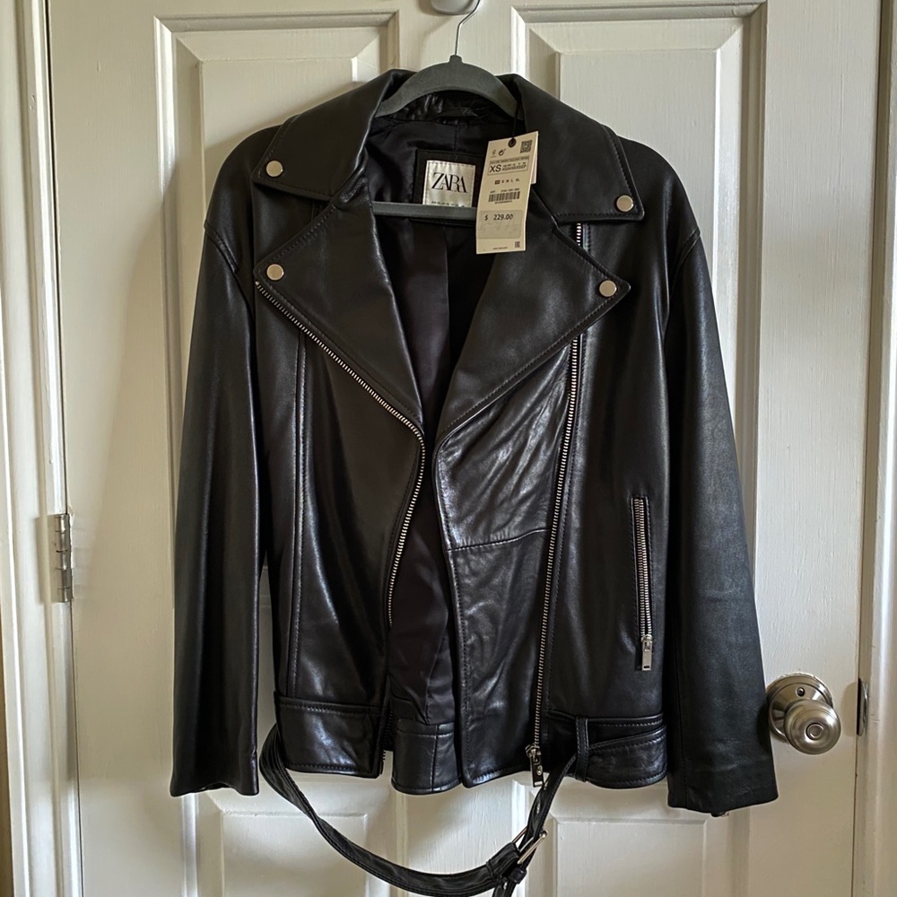 Zara black leather jacket, XS, new never worn